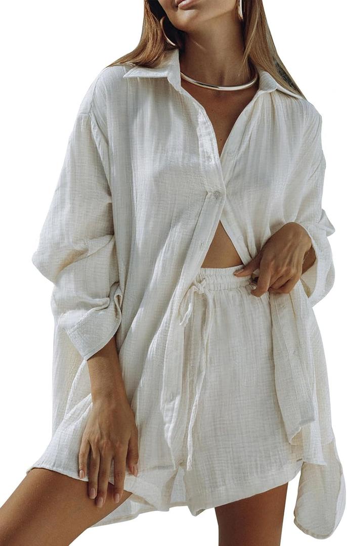 Fixmatti Women 2 Piece Outfits Long Sleeve Button Down Blouse and Shorts Sweatsuit Sets (Small, White)