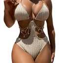 OYOANGLE Women's Ring Linked Cut Out One Piece Swimsuits Textured Tie Backless Halter Bathing Suit Monokini (Khaki, Large)