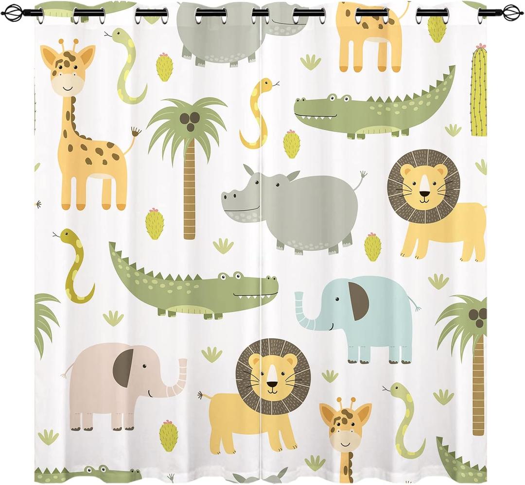 Animal Curtains W52 x L84 Inch Grommet Thermal Insulated Blackout Window Drapes Safari Hippo Crocodile Lion Elephant Giraffe Woodland Zoo Pattern for Kids Boys Girls Nursery Bedroom 2 Panels (Multi 1)