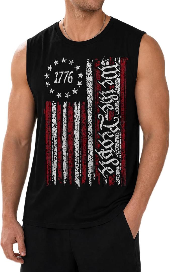 Mens Patriotic Tank Top, American Flag Graphic 4th of July Sleeveless Shirt Distressed Gym Workout USA Muscle Shirt, Medium