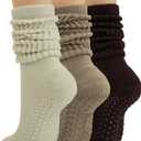 BomKinta Pilates Socks with Grips for Women - Yoga Grippy Slouch Scrunch Sock - Slipper Socks for Barre Workout Hospital (5-11, 3 Pairs - Beige Coffee Brown)