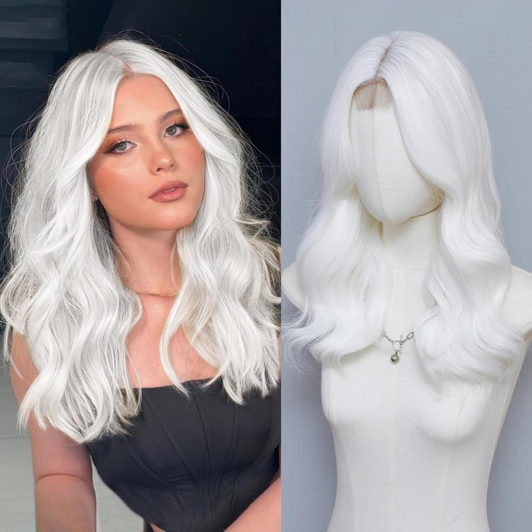 MORICA White Wigs for Women 18 Inch Middle Part Medium Length Short Curly Wavy Wigs,Natural Synthetic Hair Womens Wigs for Daily Party/Halloween Use18inchWhite