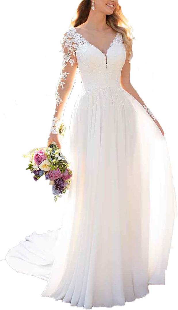 Findlovewedding Wedding Dresses for Bride with Lace Appliques Chiffon A Line Women Dress Long Sleeves Beach Bride Dress (White), Size 6