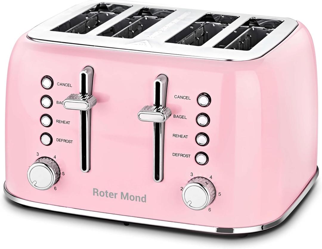 Roter Mond Toaster 4 Slice Retro Stainless Steel with Extra Wide Slots Bagel, Defrost, Reheat Function, Dual Independent Control Panel, Removable Crumb Tray, 6 Browning Levels, Pink