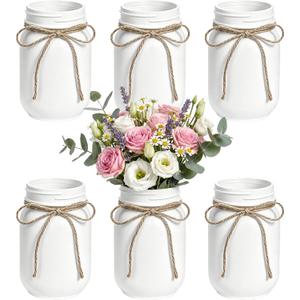 5Pcs White Mason Jar Glass Flower Vases for Centerpieces | Farmhouse Rustic Decorative Vases with Twine, Wedding & Home Table Decor, Multi-Purpose Vase Bulk, Floral Arrangements