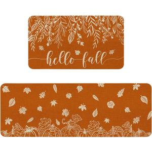 Hello Fall Kitchen Mat, Orange Fall Kitchen Rugs Indoor Set of 2, Fall Kitchen Mats for Floor, Fall Kitchen Decor Home Decorations (Fall Pumpkins Leaves)