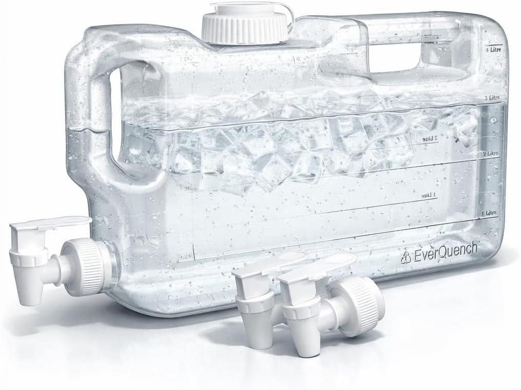 Refrigerator Water Dispenser 1.1 Gallon Bottle with 2 Spigots - BPA Free Plastic Slim Water Jug with Spout Leak Proof | Refillable Fridge Water Container, Convenient Handles (Clear)
