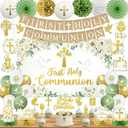 First Communion Decorations, Sage Green Baptism Decorations includes First Holy Communion Banner Backdrop God Bless Hanging Swirls Balloons, for Primera Comunion Decoration Boys and Girls