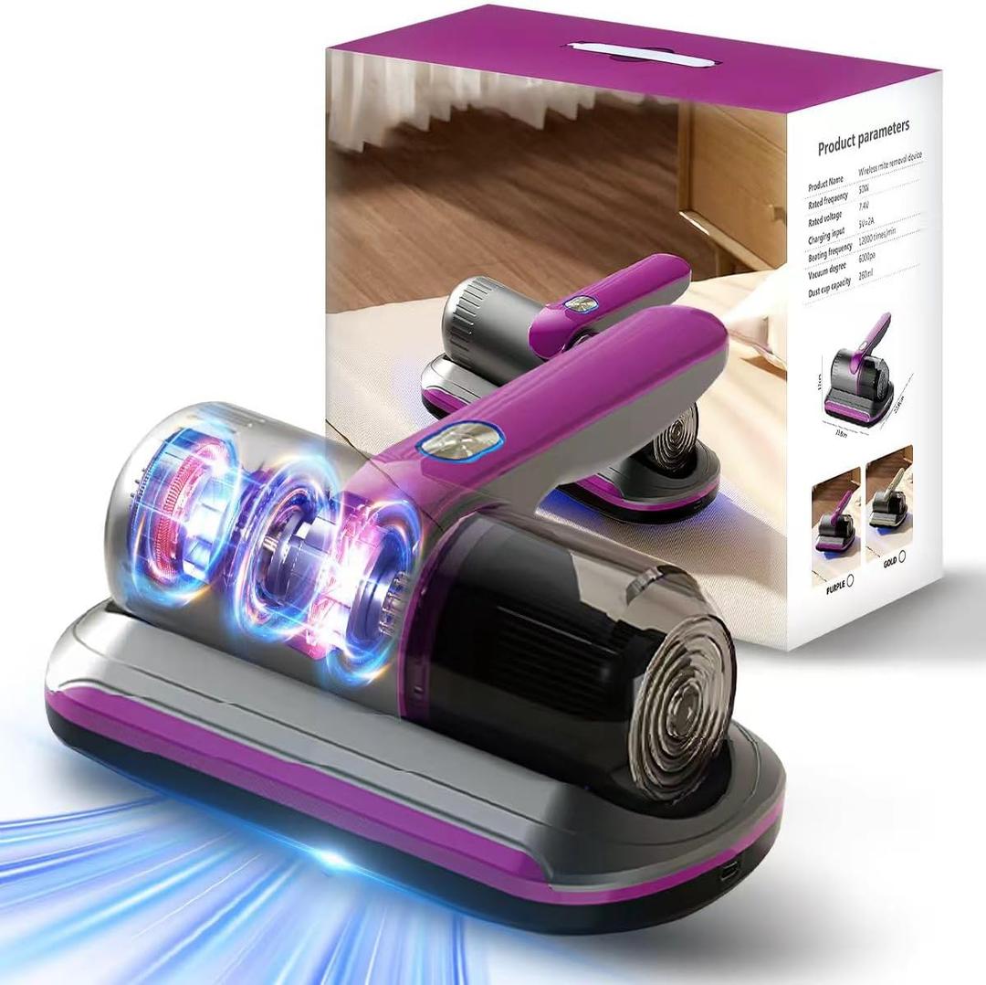 PATO Mattress Vacuum Cleaner, Wireless Handheld Bed Vacuum Cleaner with UV-C Light, HEPA Filter and Ultrasonic Vibration, 12KPa, Suitable for Beds, Sofas, Car Seats, Carpets (Purple)
