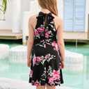 GORLYA Girl's Halter Neck Cold Shoulder Sleeveless Summer Casual Sundress A-line Dress with Pockets for 4-12 Years (Black Pink Flower)
