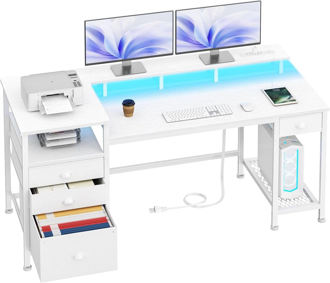 Furologee 60" White Office Computer Desk with 4 Drawers,Gaming Desk with LED Lights and Power Outlets,Long Desk with Fabric File Cabinet,Study Writing Work Table with Shelf for Bedroom Home Office