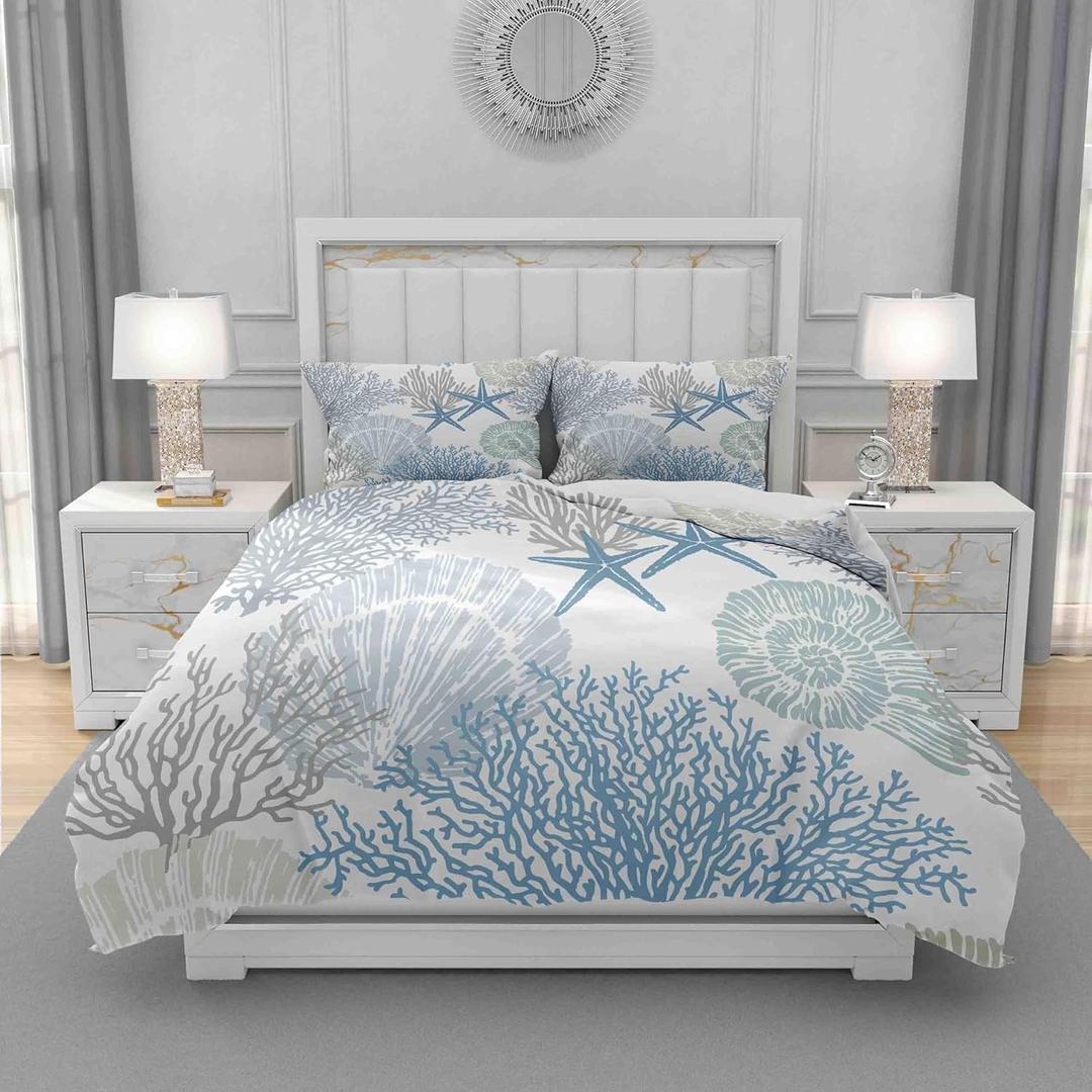Duvet Cover Set King Size, Blue Nautical Coastal Starfish 3 Piece Bedding Duvet Set with Zipper Closure, Home Decor Microfiber Fabric Duvet Cover with 2 Pillow Shams for Bedroom