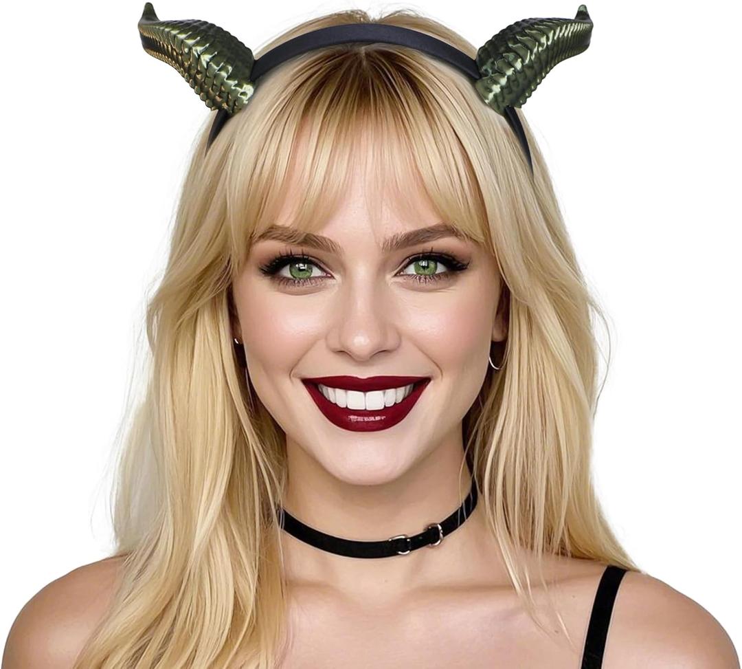 MOSTORY 3D Devil Horns Headband - Ox Horns Hairband for Halloween Devil Costume Party Adult Cosplay Renaissance (Black-green)