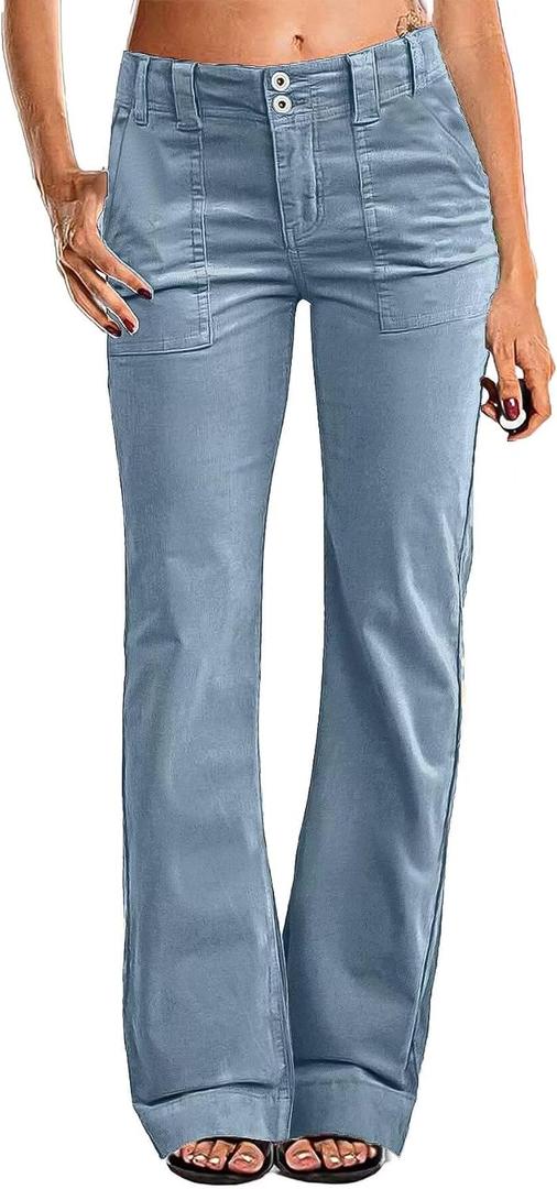 Flamingals Women's Wide Leg Pants for Women Mid Waist Dress Flare Straight Leg Corduroy Pants Work 31" Inseam Trouser (Blue, S)
