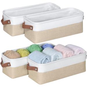 Kntiwiwo Small Fabric Storage Bins, 15x6x5 inch Narrow Storage Baskets 4-Pack Long Storage Basket for Organizing with Handles, Decorative Basket for Closets, Shelves, Toilet Paper, Beige