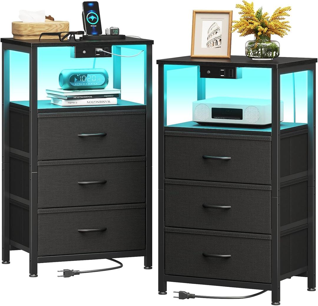 Casaottima Night Stand Set 2, Bedside Tables with Charging Station, LED Nightstand with Fabric Drawers, End Table with Open Shelf, Nightstand for Bedroom, Black