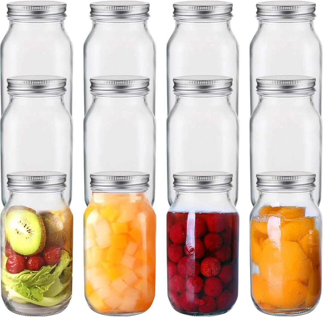 Jucoan 12 Pack 24 oz Glass Mason Jar Canning Jar with Silver Airtight Metal Lids, Regular Mouth Glass Jars for Preserving Fruits, Vegetables, Pickles, Tomato Juices and Sauces (Square Shape)