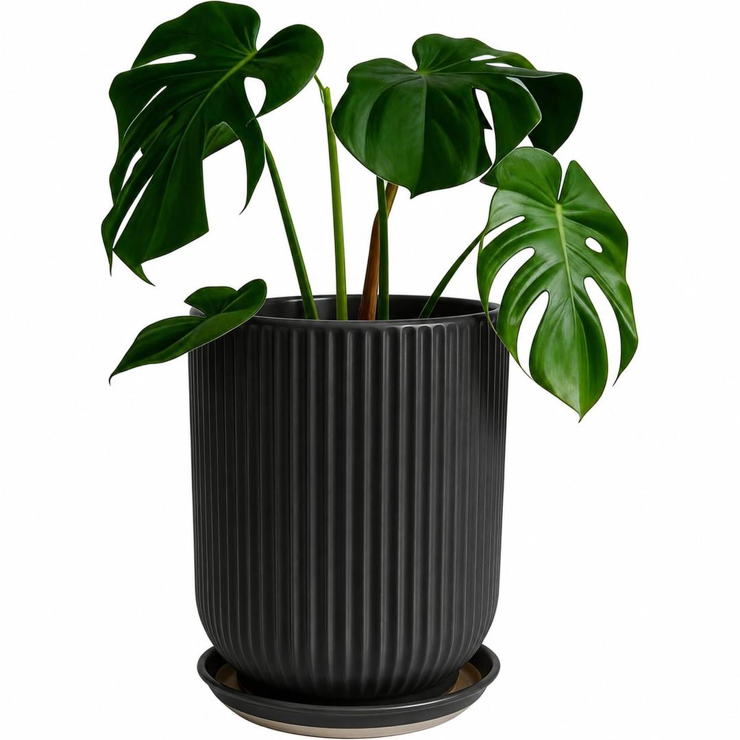 Deep Dream 10 Inch Ceramic Pots for Plants, Heavy Plant Pot for Indoor Outdoor Plants, Large Plant Pot with Drainage Hole and Saucer, Modern Tall Flower Pot, Gifts for Plant Lovers, Black