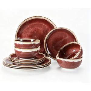 Sweejar 12 Pieces Ceramic Dinnerware Sets for 4, Burgundy Red