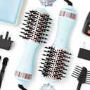 Travel Dual Voltage Hair Dryer Brush 4-in-1 Portable Mini Hot Air Blow Dryer Straightener & Curler Brush, Titanium Round Blowout Styler Volumizer Tools, 110/240V US/EU/UK -Baby Blue & Rose Gold