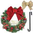 Christmas Door Wreath, Wreaths for Christmas Decor, Holiday Wreath Flocked with Pine Cones, Ball Ornaments and 2 Bows, Indoor Outdoor Decorations, Beautiful on Wall, Window, and Mantel, 18 inches
