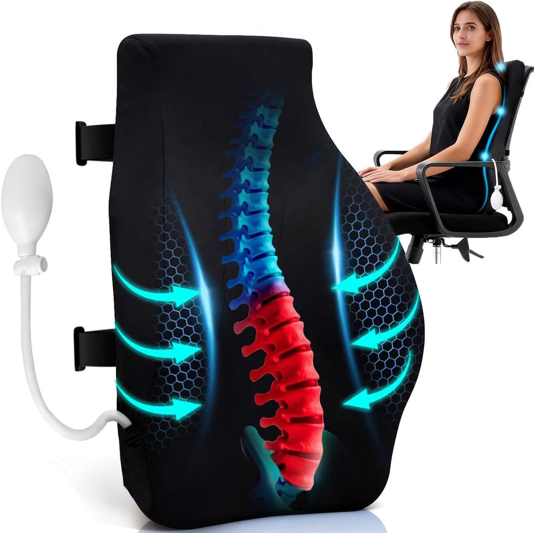 Adjustable Airbag Lumbar Support Pillow for Office Chair - Memory Foam Adjustable Firmness Back Cushion Relieves Upper/Lower Back Pain for Sitting Long Hours, Home Office Desk Chair Car/Truck Seat