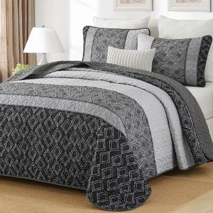 Cottolester Light Gray Quilt Set King Size,Striped Plaid Bedspread,Blue Boho Bedding Set Soft Microfiber Quilt with 2 Pillow Shams 110"x90"