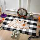Nuanchu 2 Pcs Halloween Door Mat Combo Set Ghost Coir Non Slip Welcome Mat 28" x 43" Black and White Buffalo Plaid Rug for Halloween Front Porch Entryway Decor