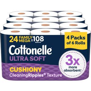 Cottonelle Ultra Soft Toilet Paper, 24 Family Mega Rolls=108 Regular Rolls