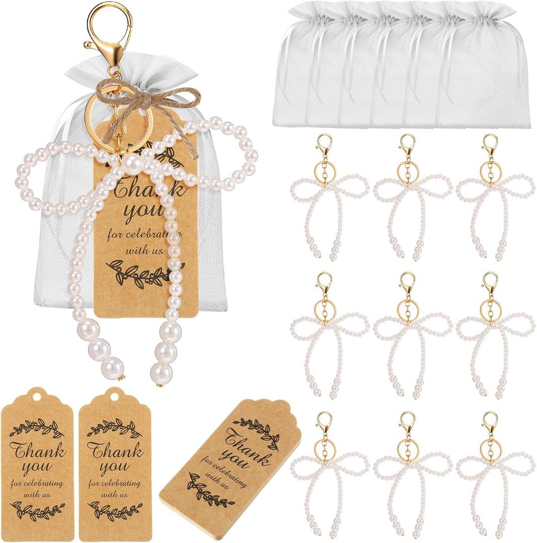 20 Set White Pearl Bow Keychain Party Favor Bulk Steel Bowknot Keyring Charm Accessories Souvenir Present Kraft Tag Organza Bag for Guest Baptism Bridal Shower Valentine Wedding Gift