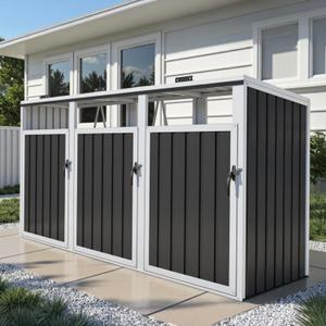 LINKHOO Outdoor Trash Can Storage Shed, 3 Galvanized Steel Large Trash Cans, with Lockable Door & Auto-Buffer Storage Cover, Ideal Outdoor Trash Can for Outdoor, Patio, Garden, and Backyard, Black