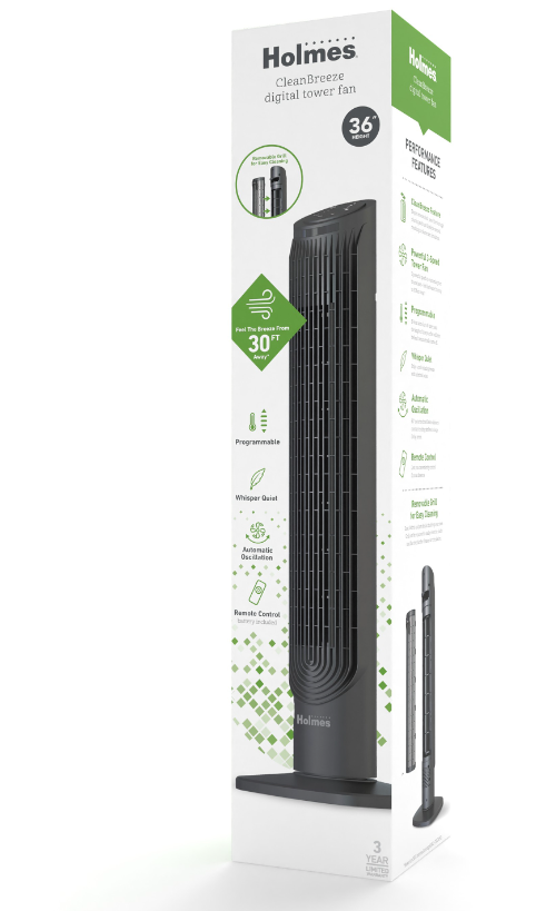 Holmes 36" Slim Tower Fan – 6 Speeds, 4 Modes, Power Breeze, 75° Oscillation, Timer, Quiet, Easy-Clean Blade, Remote Control