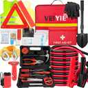 Roadside Car Emergency Kit, Winter Car Safety Kit with 10FT Jumper Cables, Tow Strap, Tool Kit, Reflective Warning Triangle, Road Trip Essentials, for New Drivers, Teens (119RED)