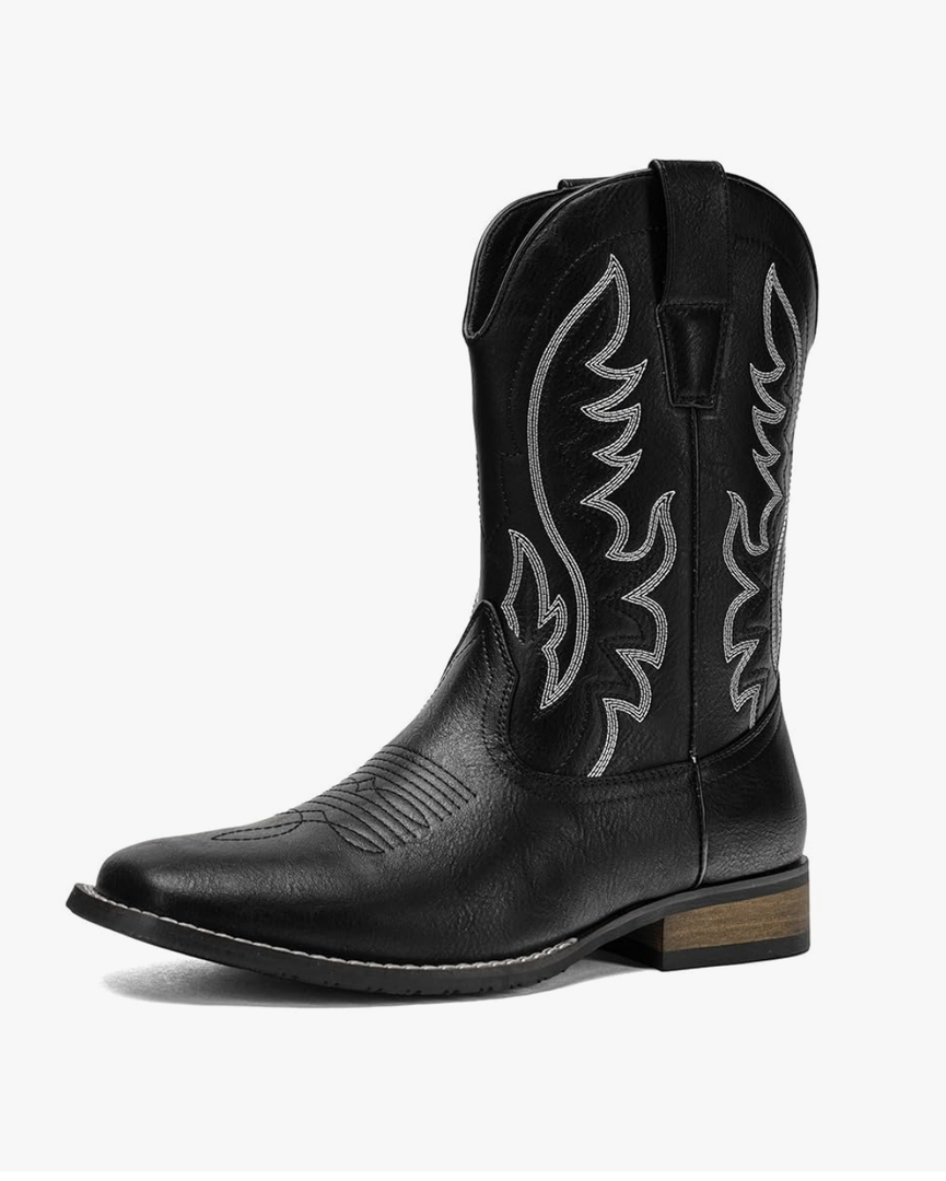 Cowboy Boots For Men Western Fashionable Retro Stylish Embroidered Square Toe Boots Chunky Heel Size 12, Black