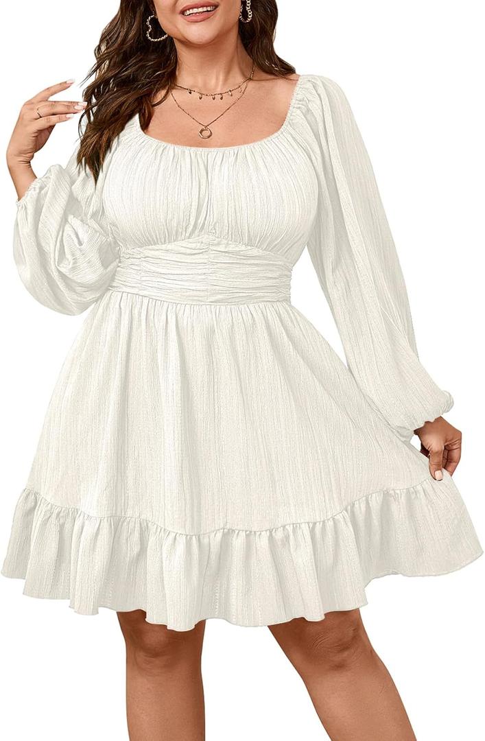 Womens Plus Size Dress Casual Long Lantern Sleeve Square Neck Textured Ruffle Flowy Ruched A-Line Mini Dresses for Women (White, 3X-Large)