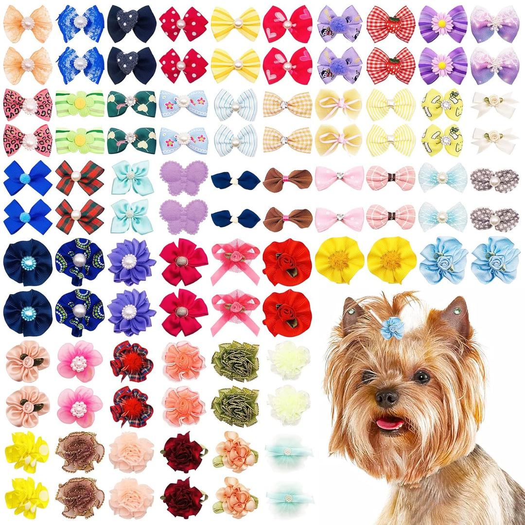 100pcs/50pairs Dog Hair Bows Grooming Bulk with Rubber Bands in Mixed Colors Radom Pattern Toknot Bowknot Elastic for Small Medium Doggy Puppy Yorkie Shih Girl Femal Hair Accessories
