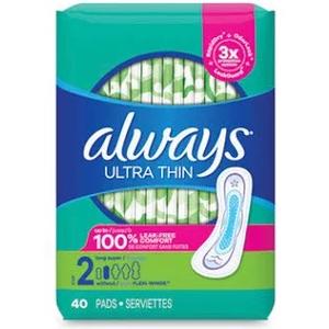 Always Ultra Thin Pads  Super Long Absorbency Scented with Wings, 44 Count, Packaging may vary
