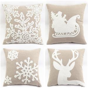 WOMHOPE Pack of 4 Christmas Pillow Covers Embroidery Sleigh Snowflakes Winter Decorative Square Cushion Covers Shells 18 X 18 Inches for Bed,Sofa,Couch (B (Set of 4) Griege)