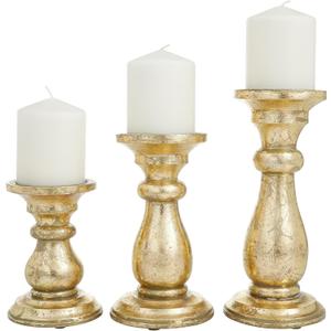 Deco 79 Mango Wood Decorative Candle Holder Turned Style Pillar Candle Stand, Set of 3 Candlestick Holder 10", 8", 6"H, Gold (3 PIECES SMALL SIZE)