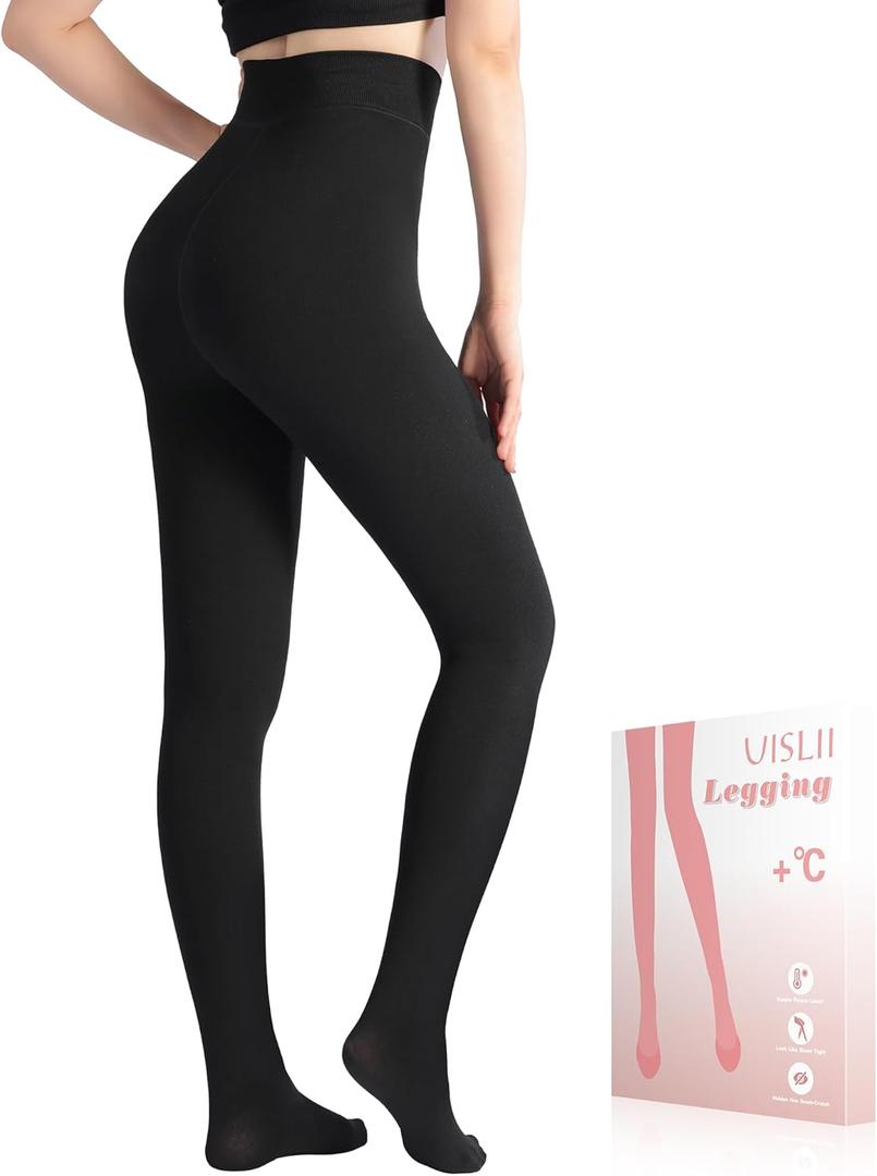 Black Opaque Fleece Lined Tights for Women under Dress, Thermal Ribbed Leggings for Women, Warm Sweater Tights (Medium Petite)