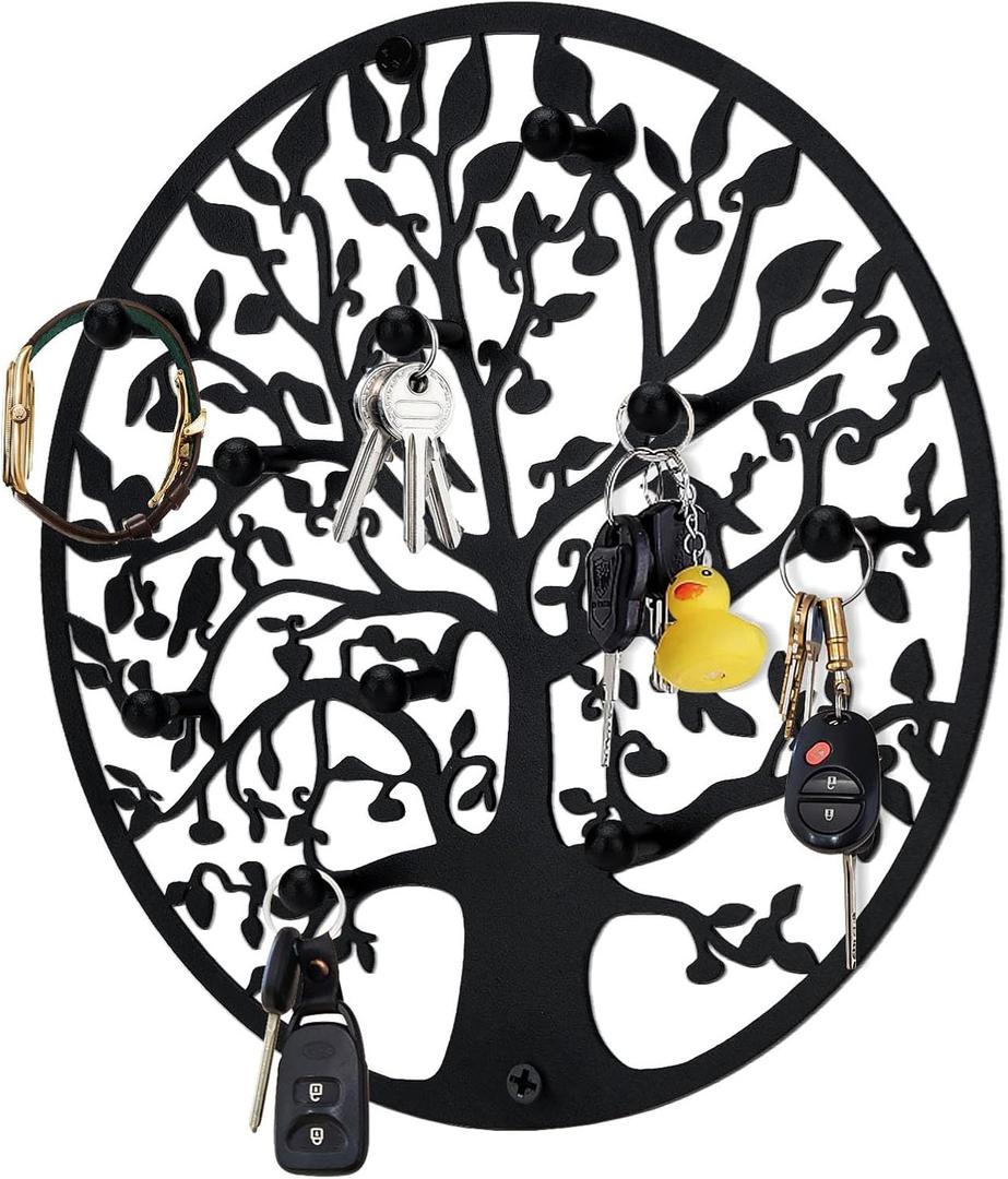 Round Decorative Home Key Holder Wall Mount, Metal Tree Car Key Rack for Wall Organizer for Keys, Wallets, Hats, Used for Decor for House Entryway, Kitchen, Garage, Office (12" Black)