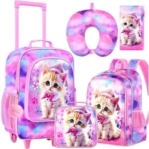 AGSDON 5 Piece Kids Luggage Set for Girls, Cute Rolling Wheels Suitcase for Toddler, Children Travel Carry on Suitcase -Cat