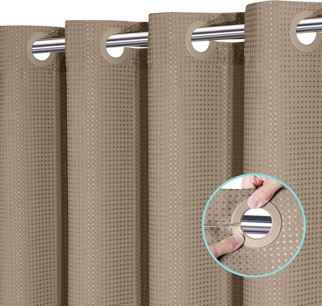 No Hook Shower Curtain, Waffle Weave Thick Fabric Shower Curtain for Bathroom, 258 GSM Luxury Polyester Cloth Bath Curtain with 10 Built in Grommets, 72W x 74H, Beige (72"W x 74"L (Pack of 1))