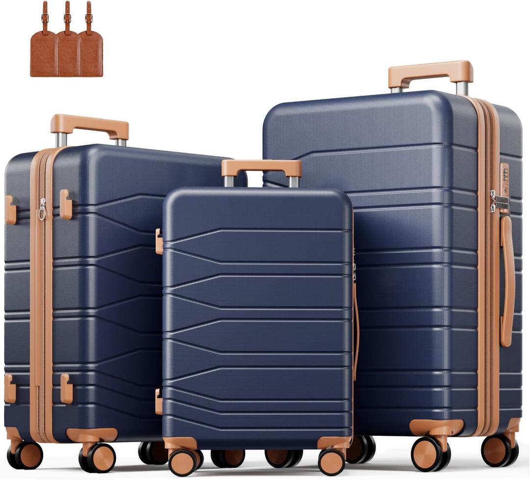 3 Piece Luggage Set, 20/24/28 Inch Expandable Luggage Sets with Spinner Wheels, ABS+PC Hardshell Suitcases, Suitcase Set with Double-Layer Explosion Zipper, TSA Lock & 3 Tags