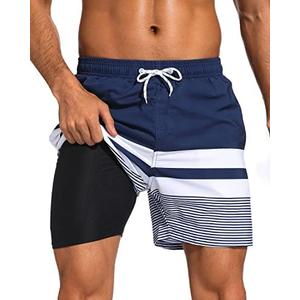 SILKWORLD Mens Swim Trunks with Compression Liner 2 in 1 Quick Dry Bathing Suit Beach Shorts with Zipper Pockets S