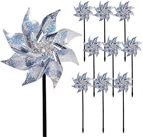 Hausse 10 Pack Reflective Pinwheels with Stakes (Assembly Required), Extra Sparkly Pin Wheel for Garden Decor, Bird Repellent Devices Deterrent to Scare Birds Away from Yard Patio Farm