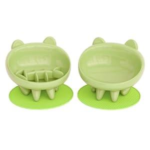 Elevated Slow Feeder Cat Bowls, Ceramic Cat Bowl, Tilted Dishes with Non-Slip Mats, Whisker-Friendly, Bowls Designed for Older Cats and Small Dogs (Green)