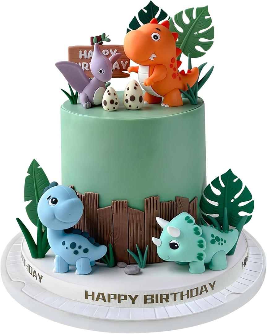 17PCS Dinosaur Cake Topper, Dinosaur Eggs Leaves Grasses Cake Decorations with Happy Birthday Sign Cake Toppers for Birthday Party Decorations, Safari Animal Themed Party