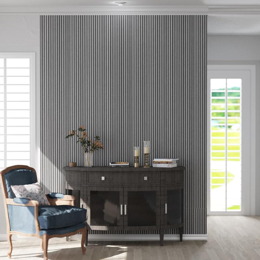 Oxdigi Grey Wood Slat Peel and Stick Wallpaper - Textured Faux Wood Panels, Waterproof & Removable Contact Paper for Kitchen, Bedroom, Bathroom - Easy Install 35.4x196 Inch