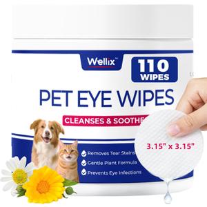 Wellix Dog & Cat Eye Wipes for Discharge and Crust - Pet Eye Wipes Tear Stain Remover for Dogs and Cats - Dog and Cat Grooming Wipes for Eyes and Wrinkle - 110 Counts